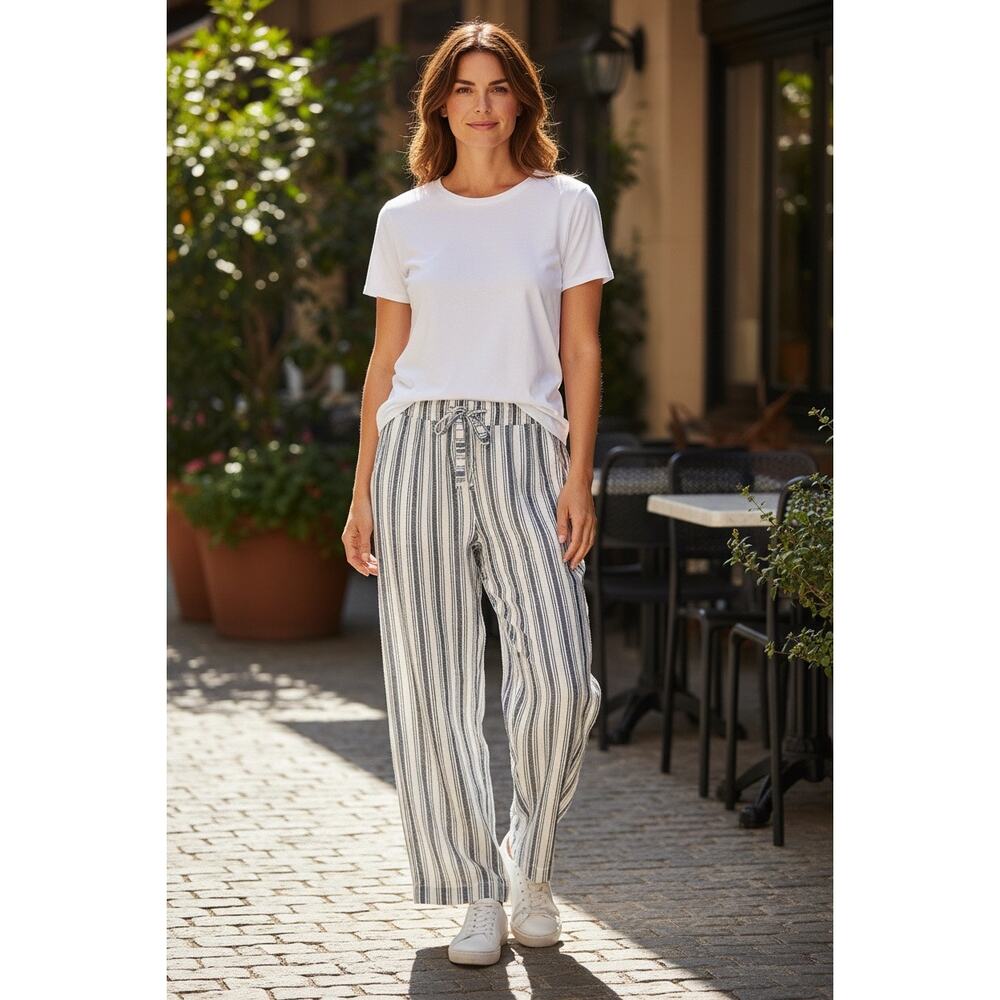 Gap Pull On Wide Leg Pants Linen Blend High Rise Blue White Stripes Women's S